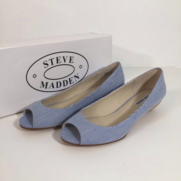 Steve Madden Womens Bunni Open Toe Low Wedge Flats Blue White Stripes size 8.5 - Picture 1 of 15